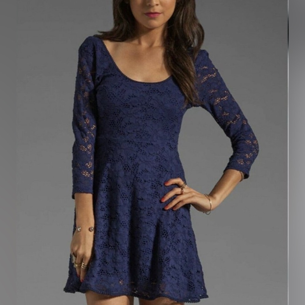 Revolve Free People Navy Katya 3/4 Sleeve Lace Overlay Minidress Womens Sz Med